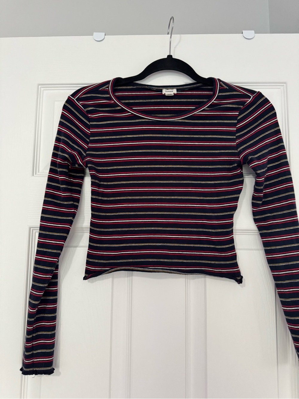 Garage Striped Long-Sleeve Scoop Neck Top - Navy with Pink & White Stripes